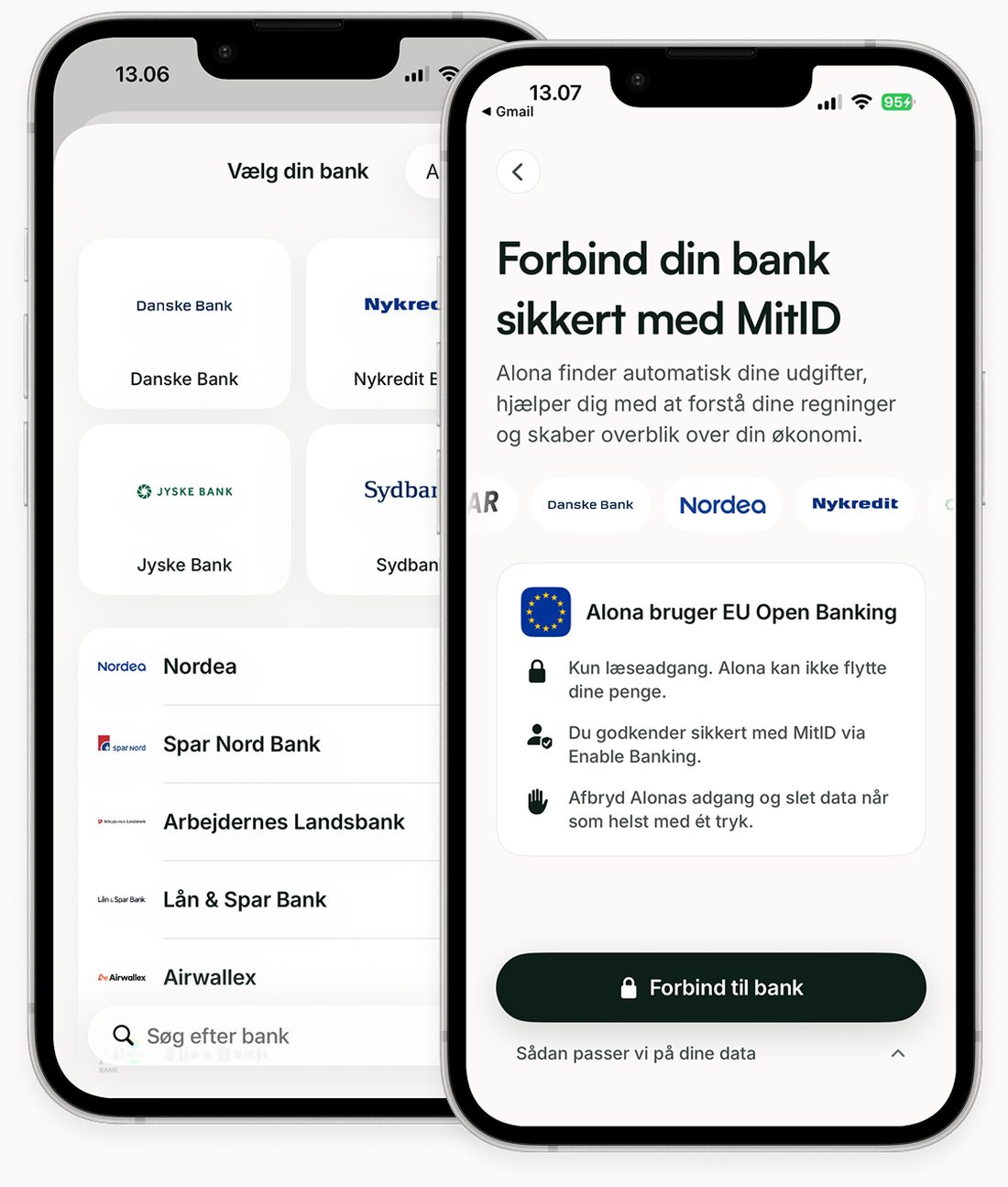 To skærmbilleder fra Alona: valg af bank fra en liste over danske banker, og skærmen hvor du forbinder med MitID gennem Enable Banking med kun læseadgang